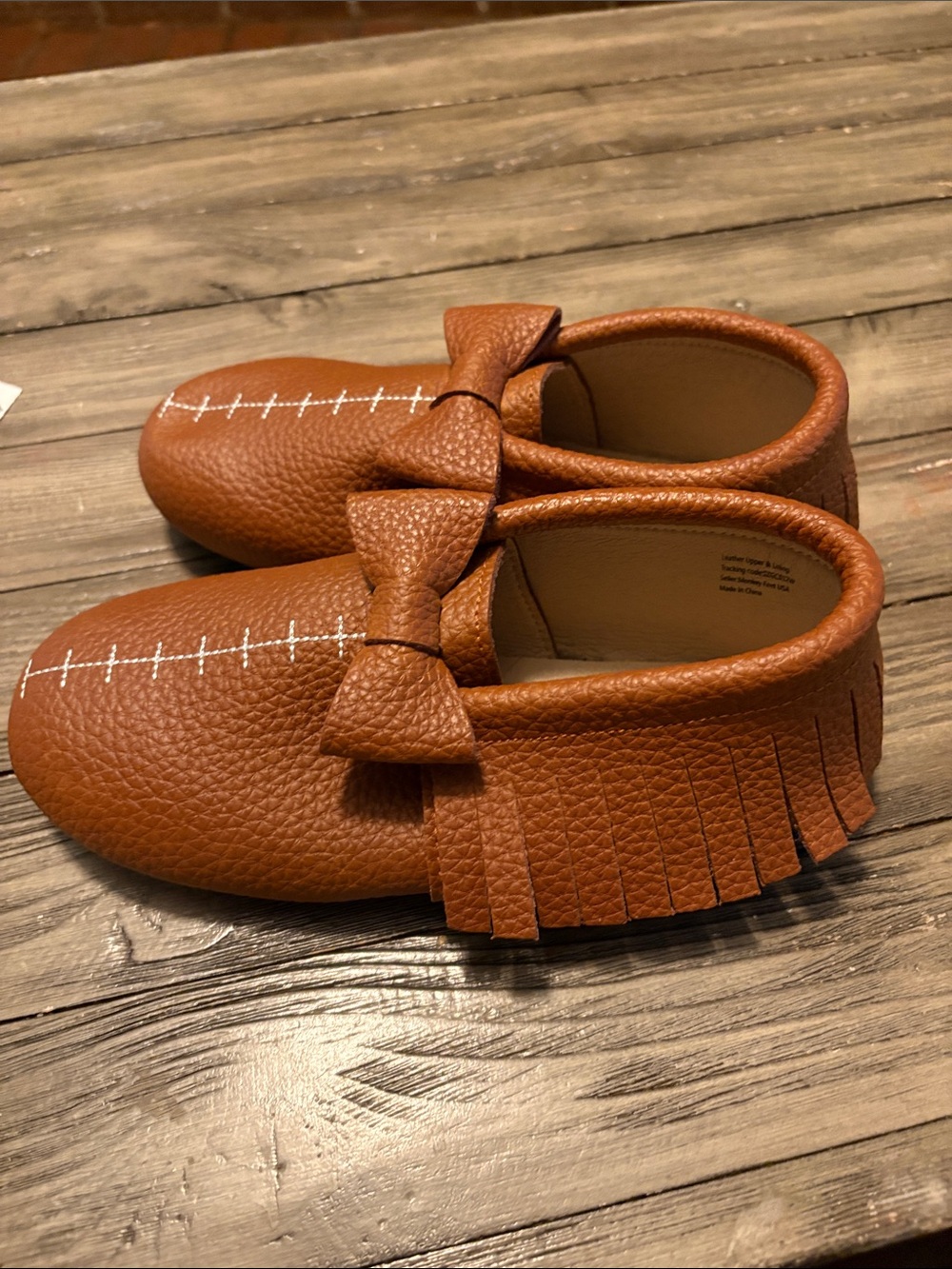 Monkey Feet Tan Fringe Bow Moccasins for Kids